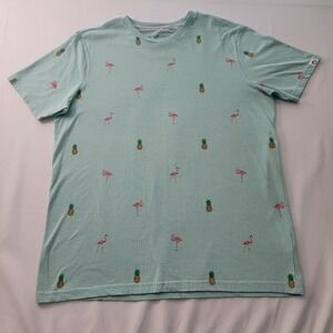 Free Planet Men's SIZE LARGE teal Palm Tree T-shirt, Flamingos, Pinapples, soft‎